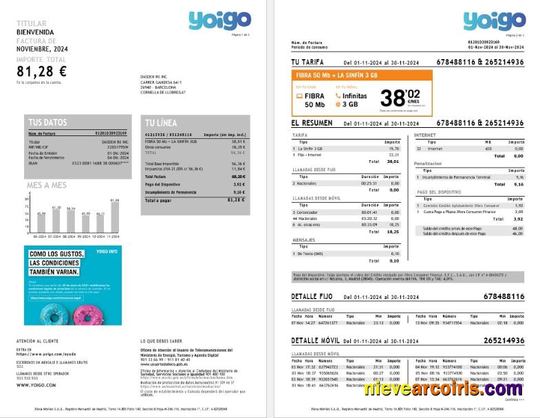 Spain Yoigo internet business utility bill, 3 pages